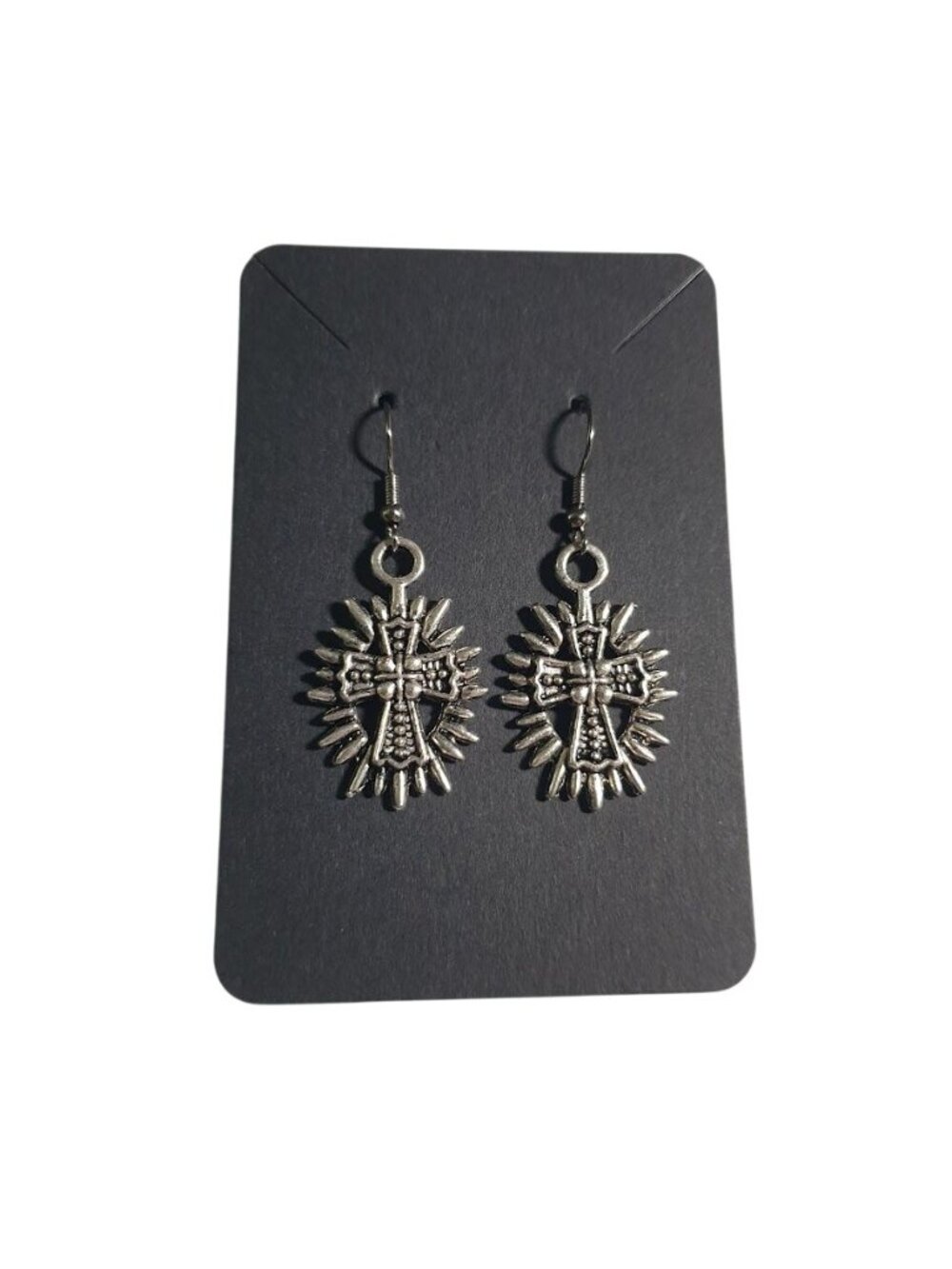 Silver Tone Cross Hook Earrings Western Boho Style Lightweight Handmade Gift New
